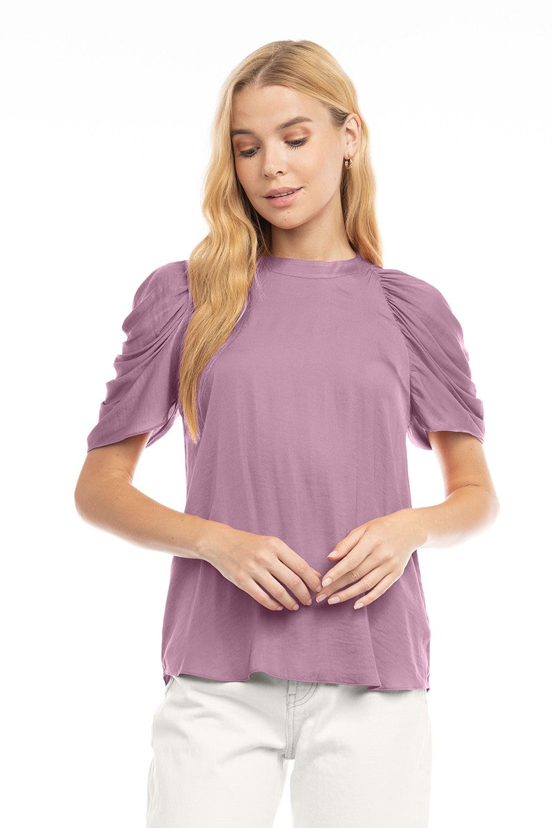 Short Sleeve Puff Shoulder Mock Neck Blouse