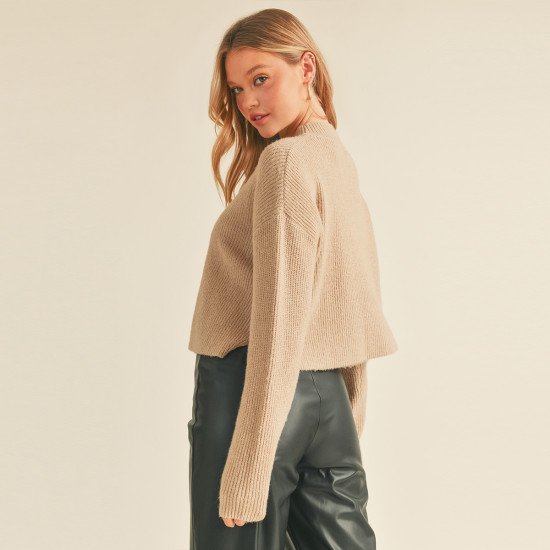 MOSSY KNIT OVERSIZED MOCK NECK LONG SLEEVE CROP SWEATER