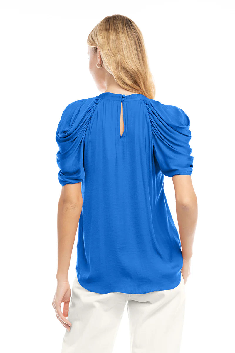 Short Sleeve Puff Shoulder Mock Neck Blouse