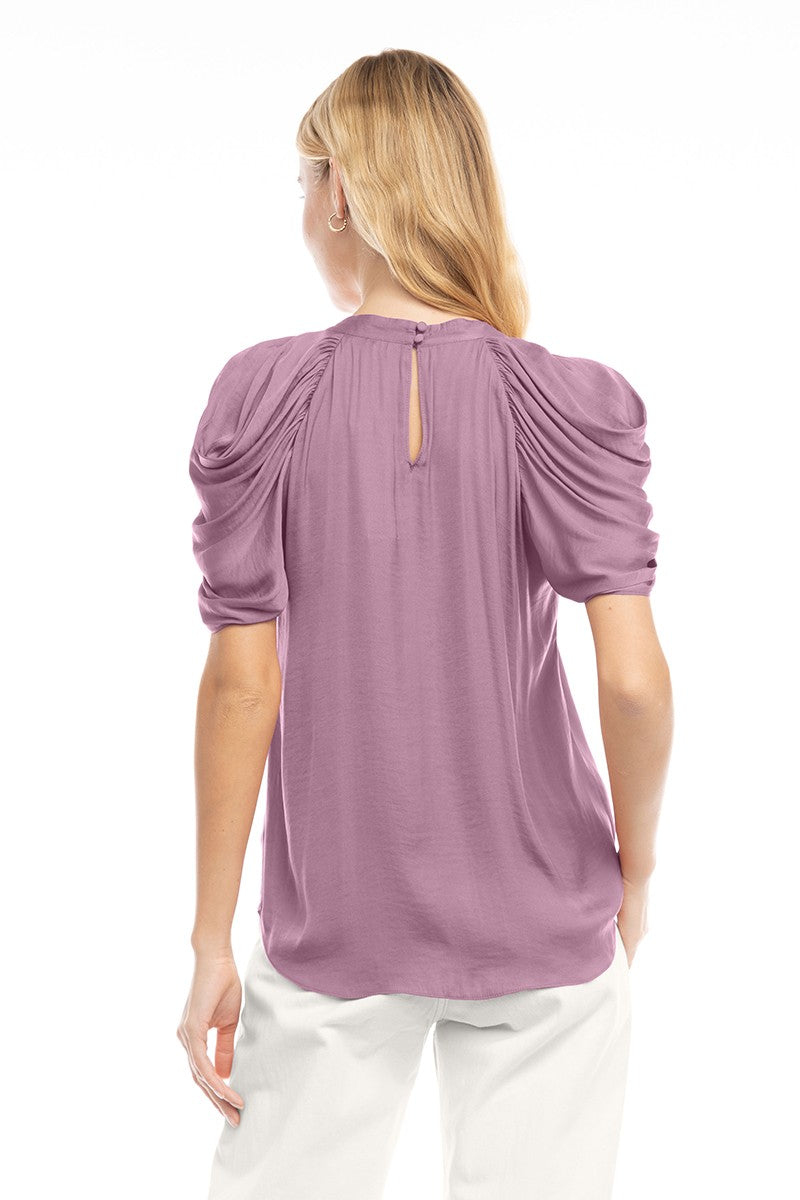Short Sleeve Puff Shoulder Mock Neck Blouse