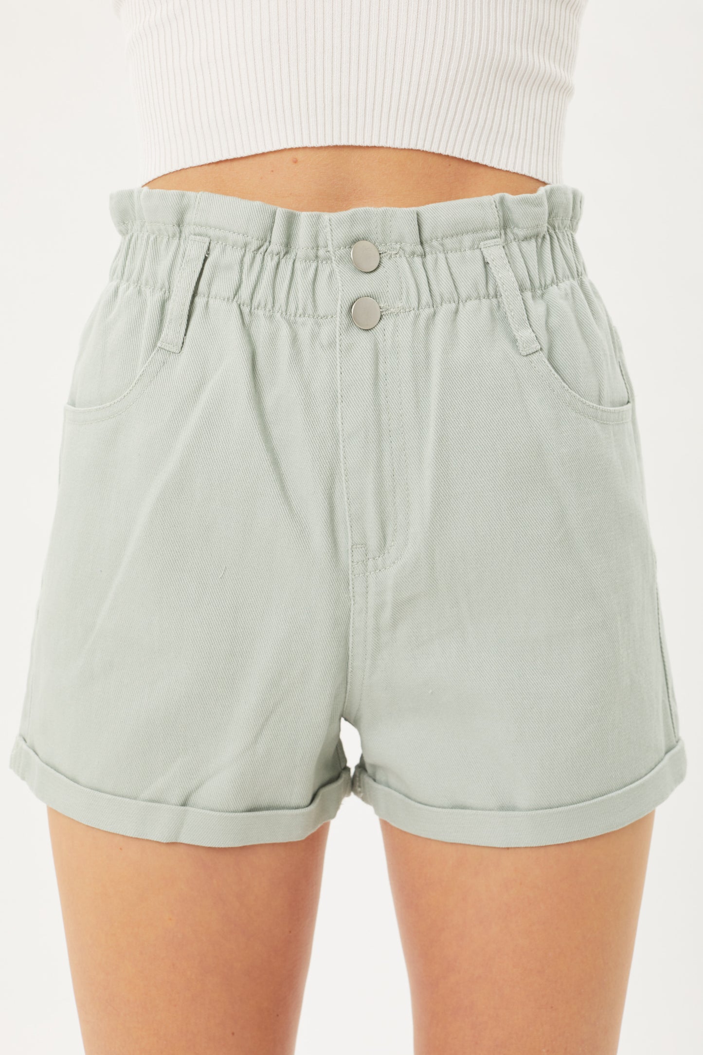 Double Buttoned Waistband Denim Shorts