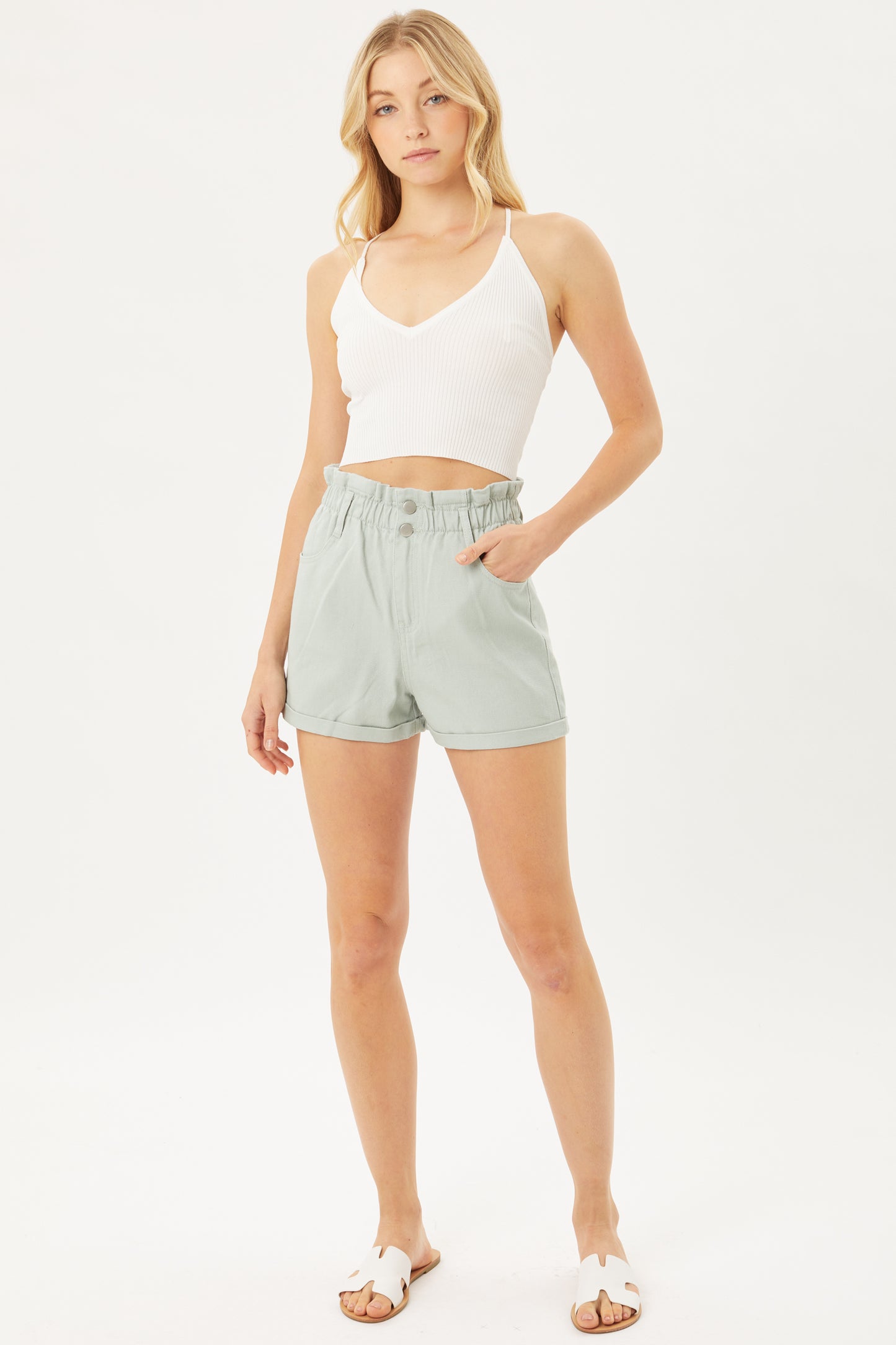 Double Buttoned Waistband Denim Shorts