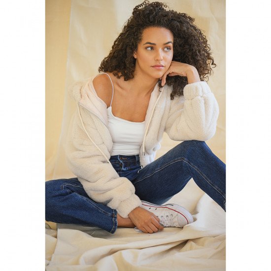 SUPER PLUSH FAUX FUR LONG BALLOON SLEEVE HOODED CROP BOMBER JACKET