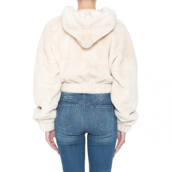 SUPER PLUSH FAUX FUR LONG BALLOON SLEEVE HOODED CROP BOMBER JACKET