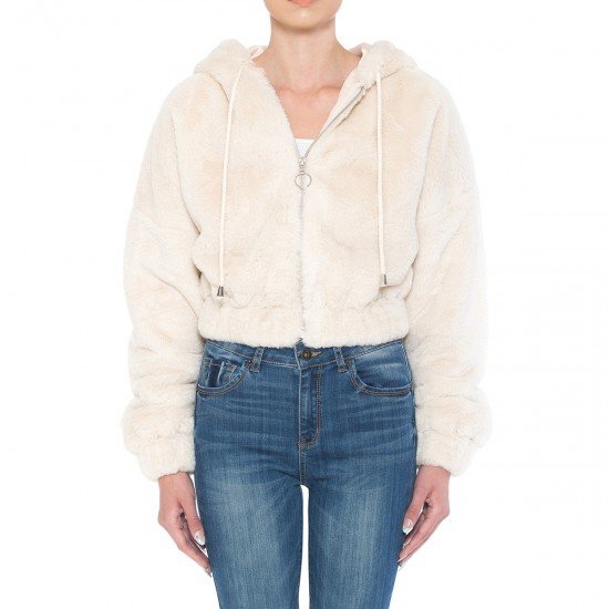 SUPER PLUSH FAUX FUR LONG BALLOON SLEEVE HOODED CROP BOMBER JACKET