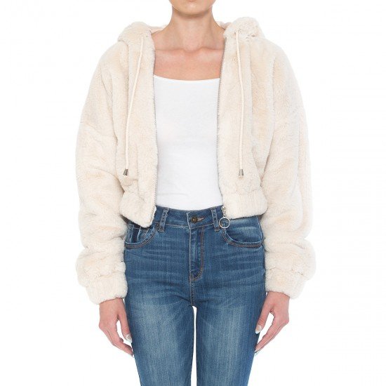 SUPER PLUSH FAUX FUR LONG BALLOON SLEEVE HOODED CROP BOMBER JACKET