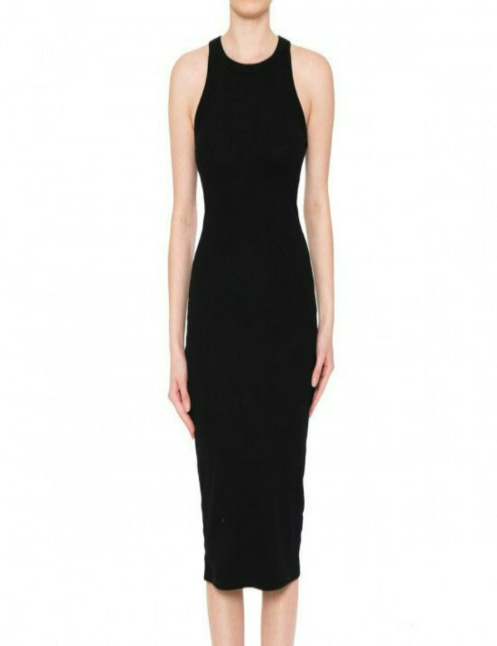 RIBBED CREW NECK SLEEVELESS BODYCON MIDI DRESS