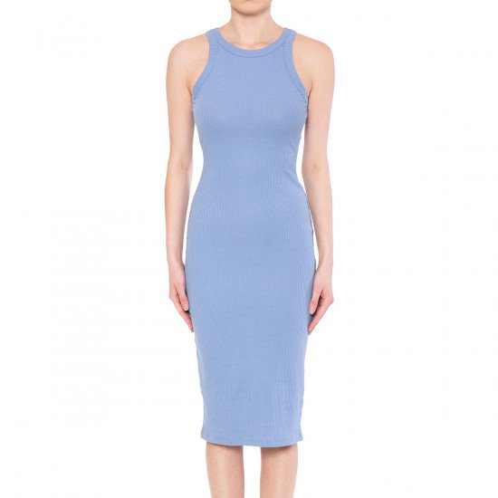RIBBED CREW NECK SLEEVELESS BODYCON MIDI DRESS