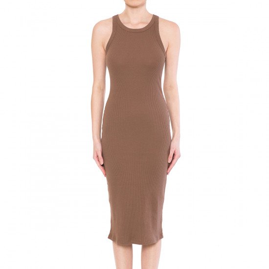 RIBBED CREW NECK SLEEVELESS BODYCON MIDI DRESS