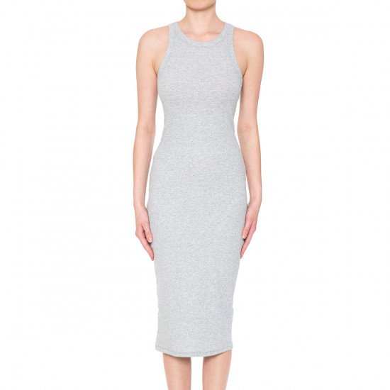 RIBBED CREW NECK SLEEVELESS BODYCON MIDI DRESS