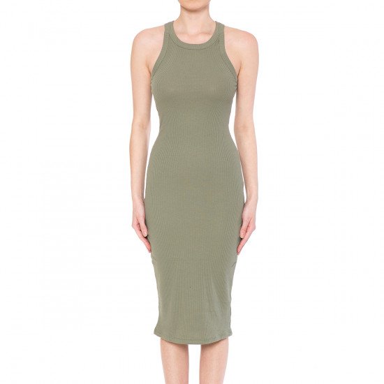 RIBBED CREW NECK SLEEVELESS BODYCON MIDI DRESS