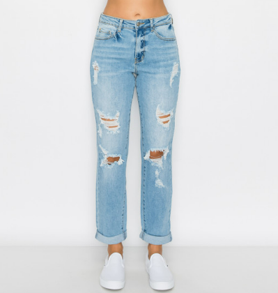DESTRUCTED BLOWN KNEE ROLLED CUFF BOYFRIEND JEAN