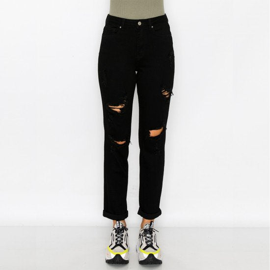 DESTRUCTED BLOWN KNEE ROLLED CUFF BOYFRIEND JEAN