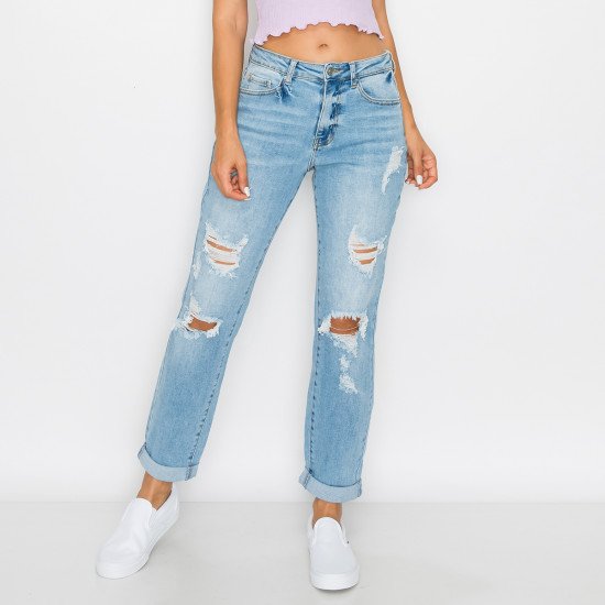 DESTRUCTED BLOWN KNEE ROLLED CUFF BOYFRIEND JEAN