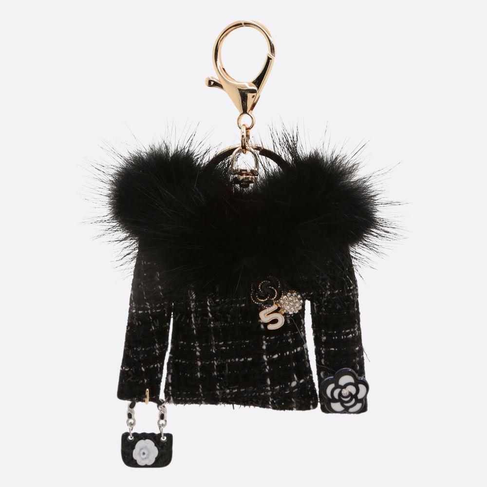 TWEED FLOWER PURSE CHARM FUR COAT KEYCHAIN