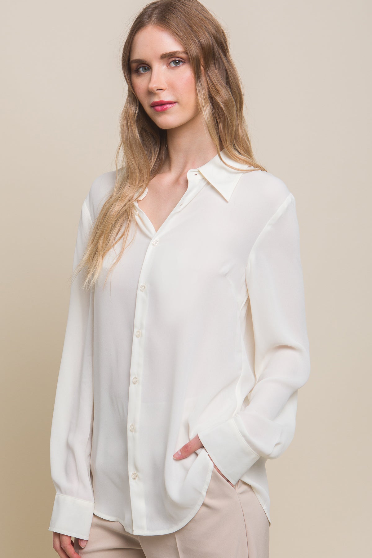 
                  
                    Woven Long Sleeve Button Down Collared Blouse
                  
                