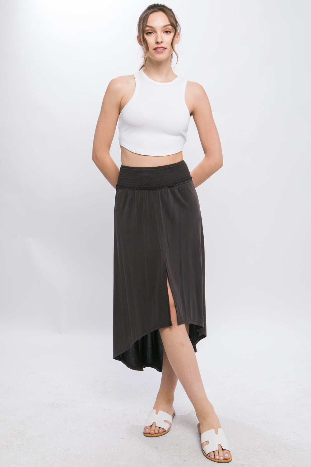 High Low Skirt with Smocked Waist and Slit