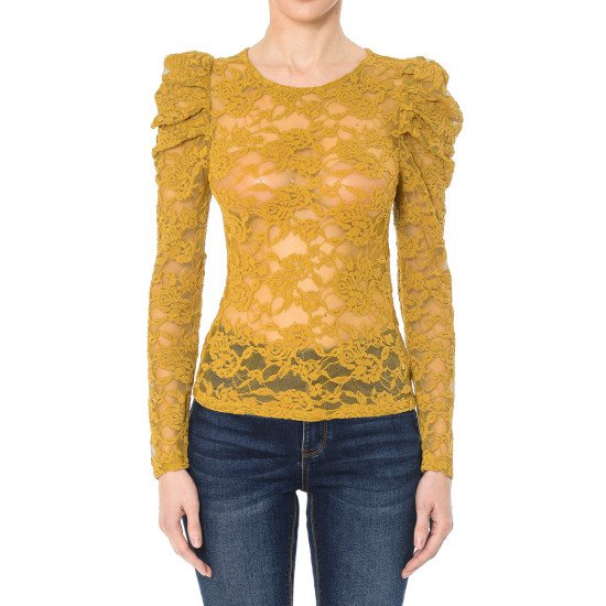 SCALLOPED LACE MOCK NECK LONG PUFF SLEEVE TOP