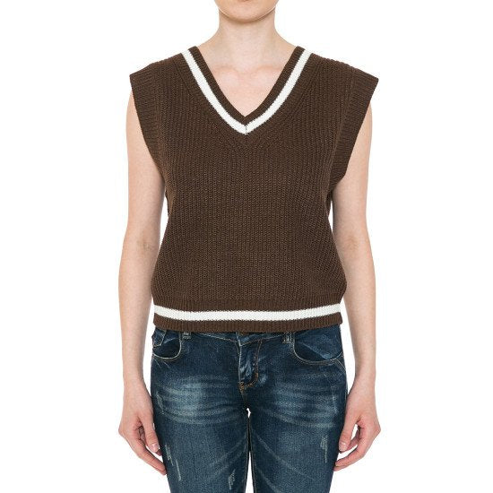 V-NECK CONTRAST STRIPE CROPPED SWEATER VEST