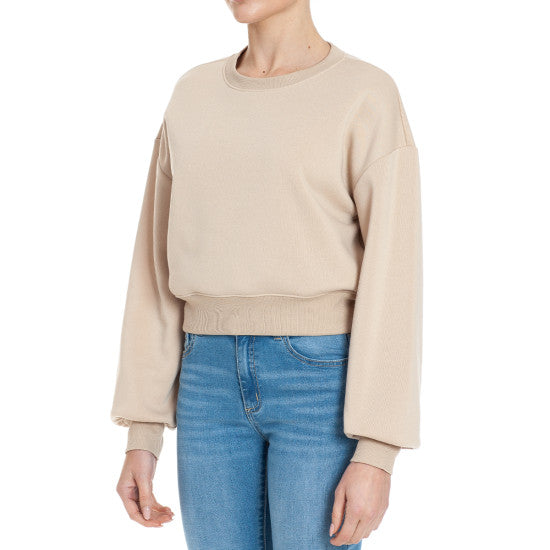 FLEECE ROUND NECK LONG SLEEVE CROPPED PULLOVER