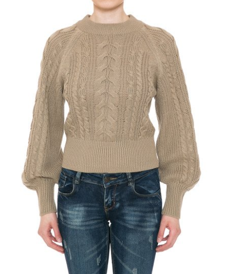 Cable Knit Wide Band Raglan Crop Sweater With Balloon