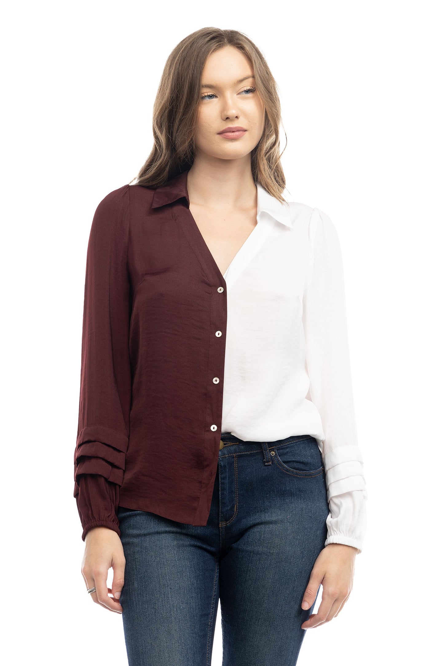 
                  
                    Dual Color Button Front Collared Blouse
                  
                