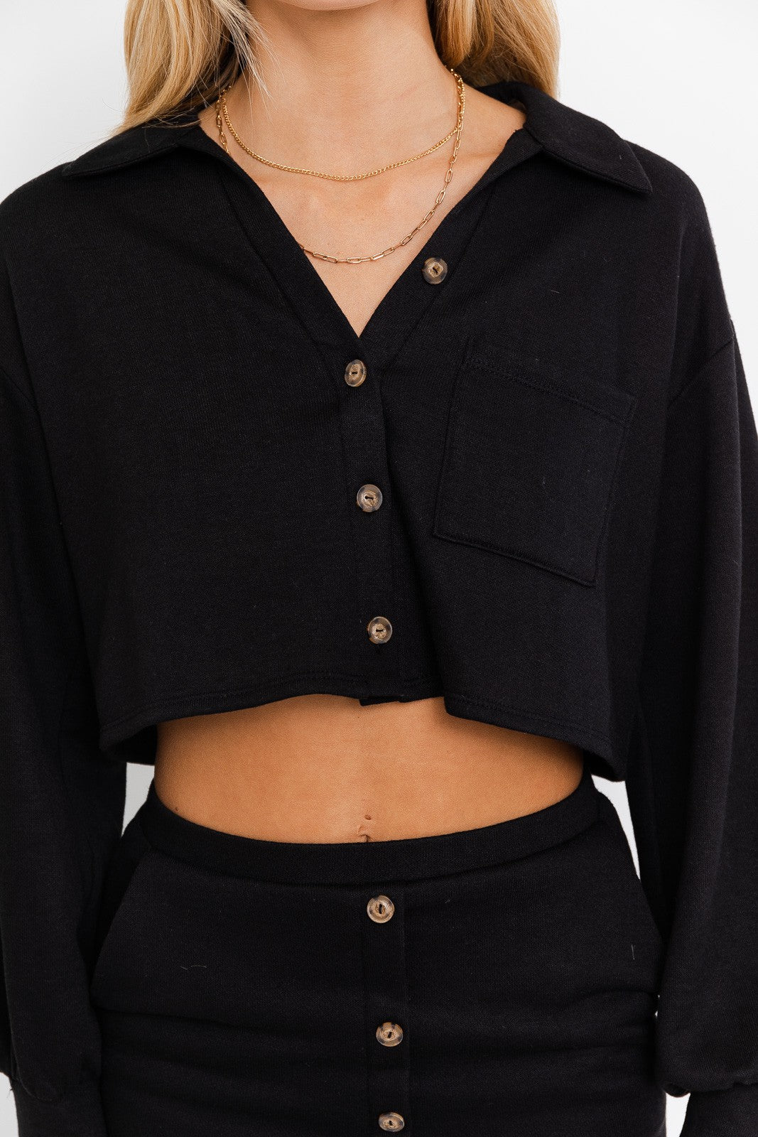 
                  
                    LONG SLEEVE COLLARED BUTTON DOWN CROP TOP
                  
                