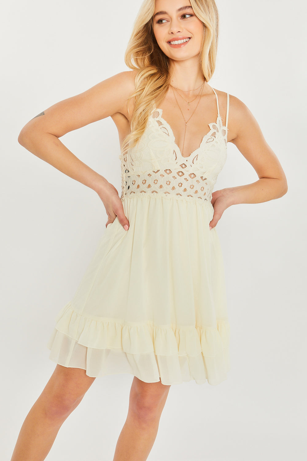 chinese dress ladies Woven Solid Mini Tiered Cami Lace Trim Dress – SNOW FLOWERS
