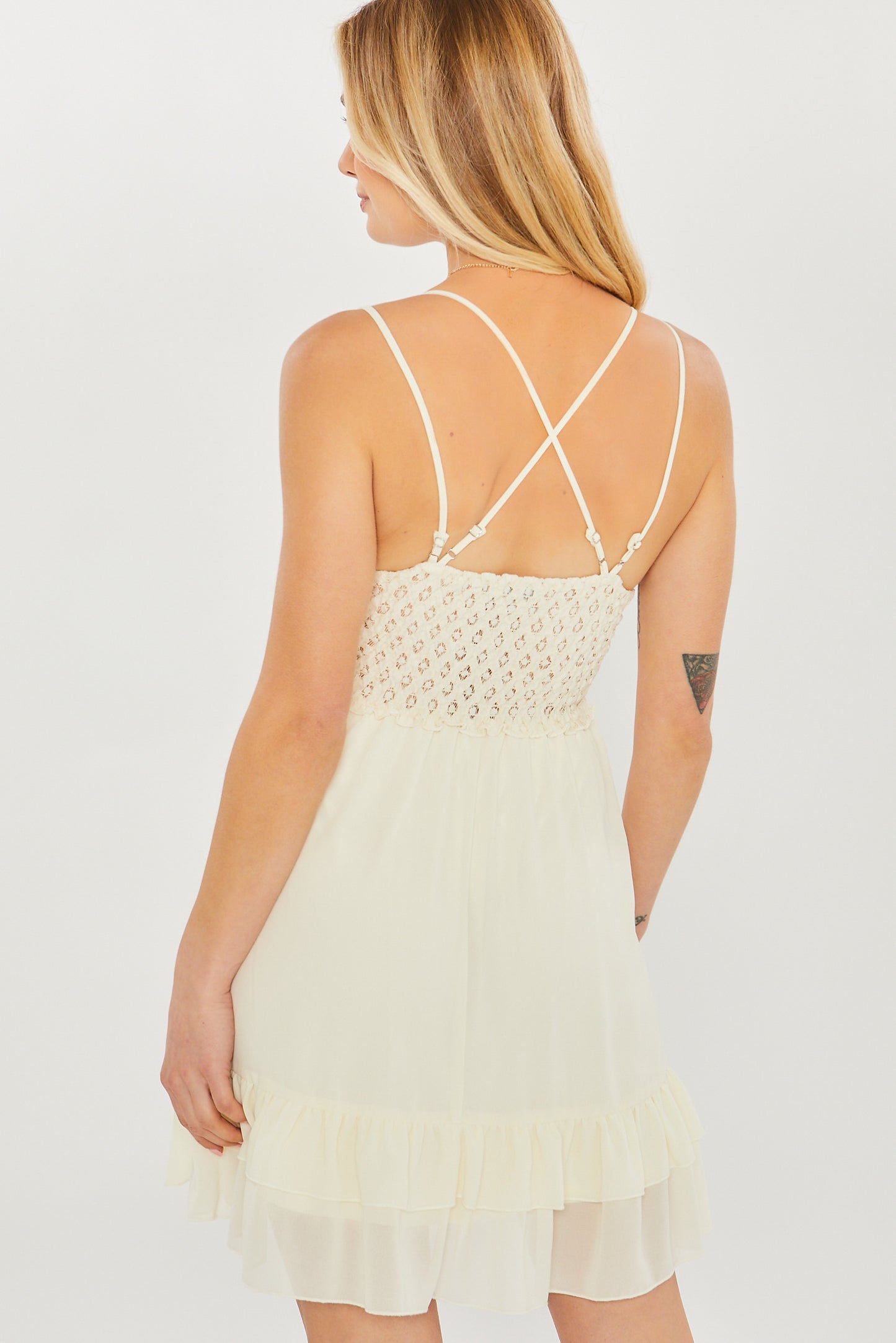
                  
                    Woven Solid Mini Tiered Cami Lace Trim Dress
                  
                