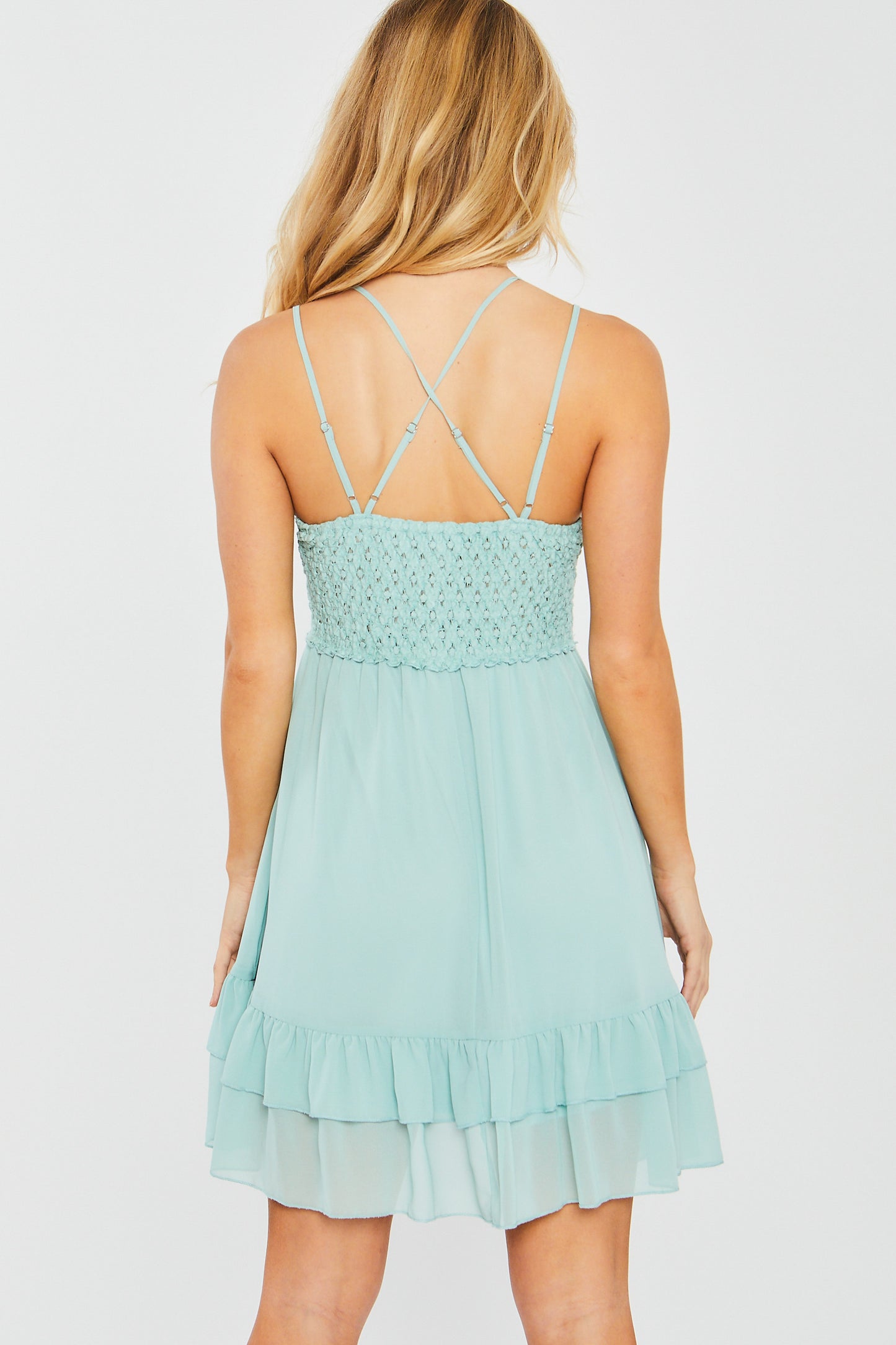 
                  
                    Woven Solid Mini Tiered Cami Lace Trim Dress
                  
                