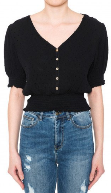 SWISS DOT SMOCKED RUFFLE HEM V-NECK SHORT PUFF SLEEVE PEASANT CROP TOP
