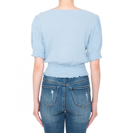 SWISS DOT SMOCKED RUFFLE HEM V-NECK SHORT PUFF SLEEVE PEASANT CROP TOP