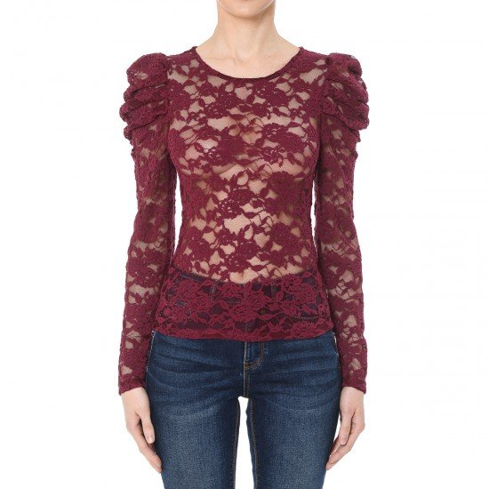 
                  
                    FLORAL LACE RUCHED PUFF LONG SLEEVE ROUND NECK TOP
                  
                