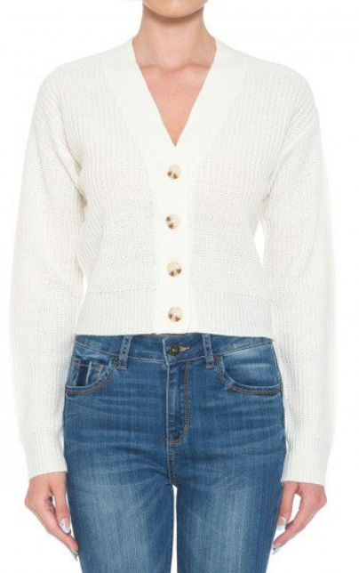 
                  
                    BUTTON-FRONT V-NECK LONG SLEEVE CROP CARDIGAN SWEATER
                  
                