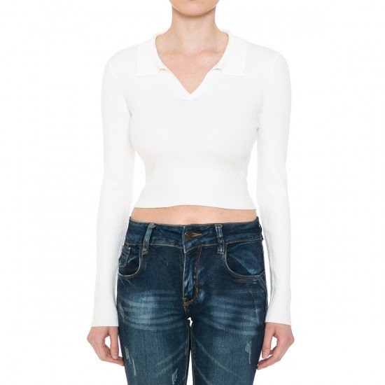
                  
                    RIBBED JOHNNY COLLAR L/S CROP SWEATER TOP
                  
                