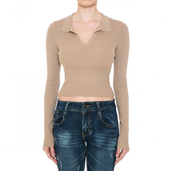 
                  
                    RIBBED JOHNNY COLLAR L/S CROP SWEATER TOP
                  
                