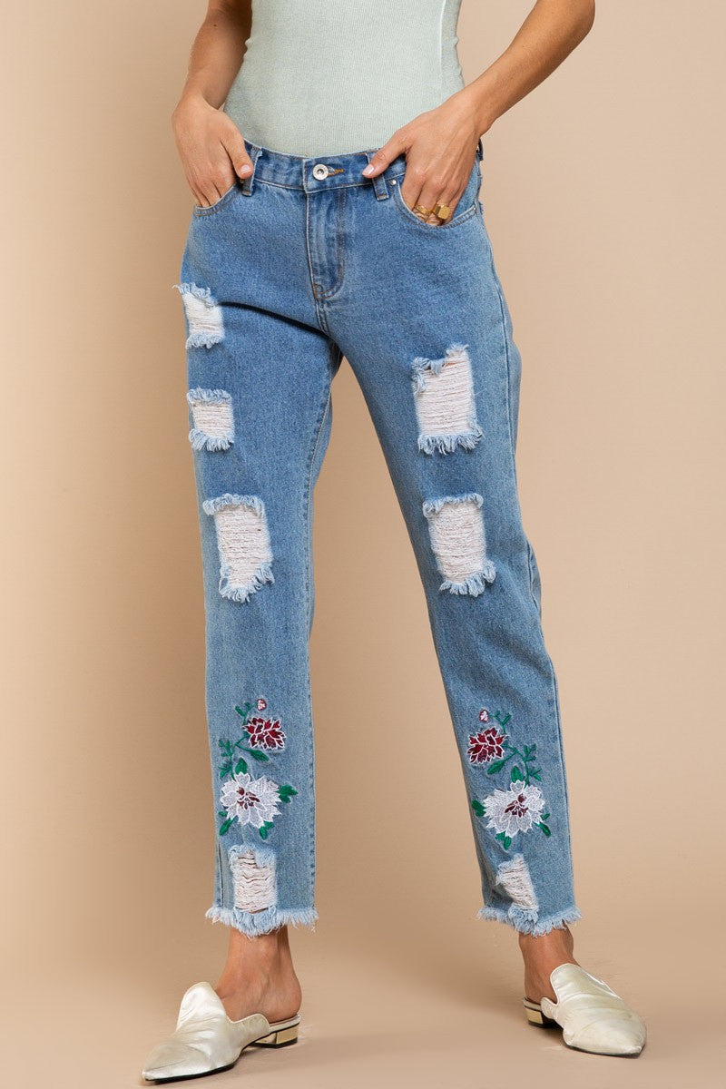 Flower printed denim jean