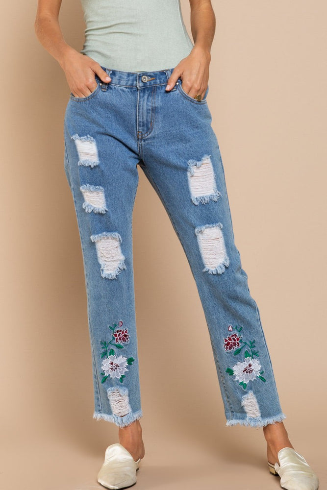 
                  
                    Flower printed denim jean
                  
                