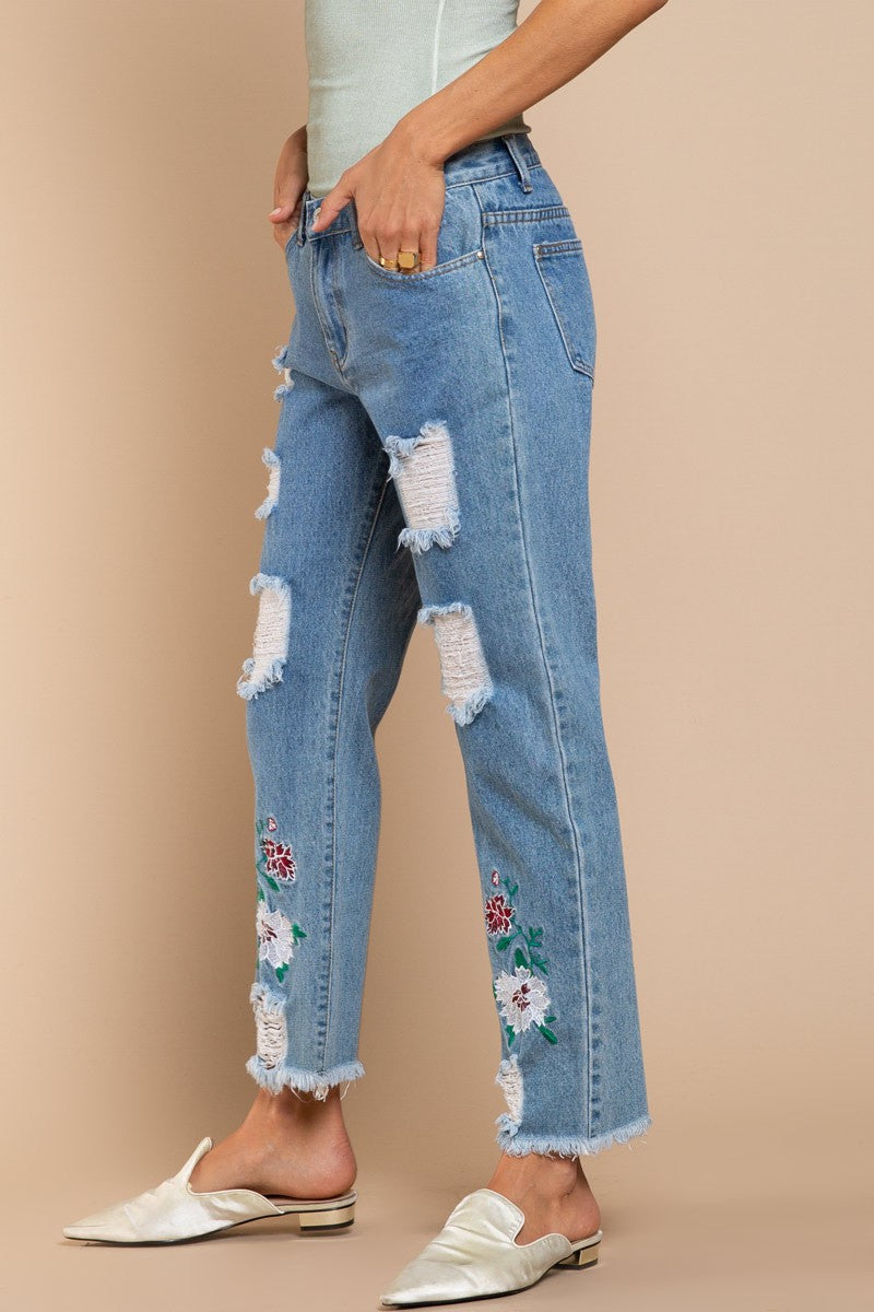 
                  
                    Flower printed denim jean
                  
                