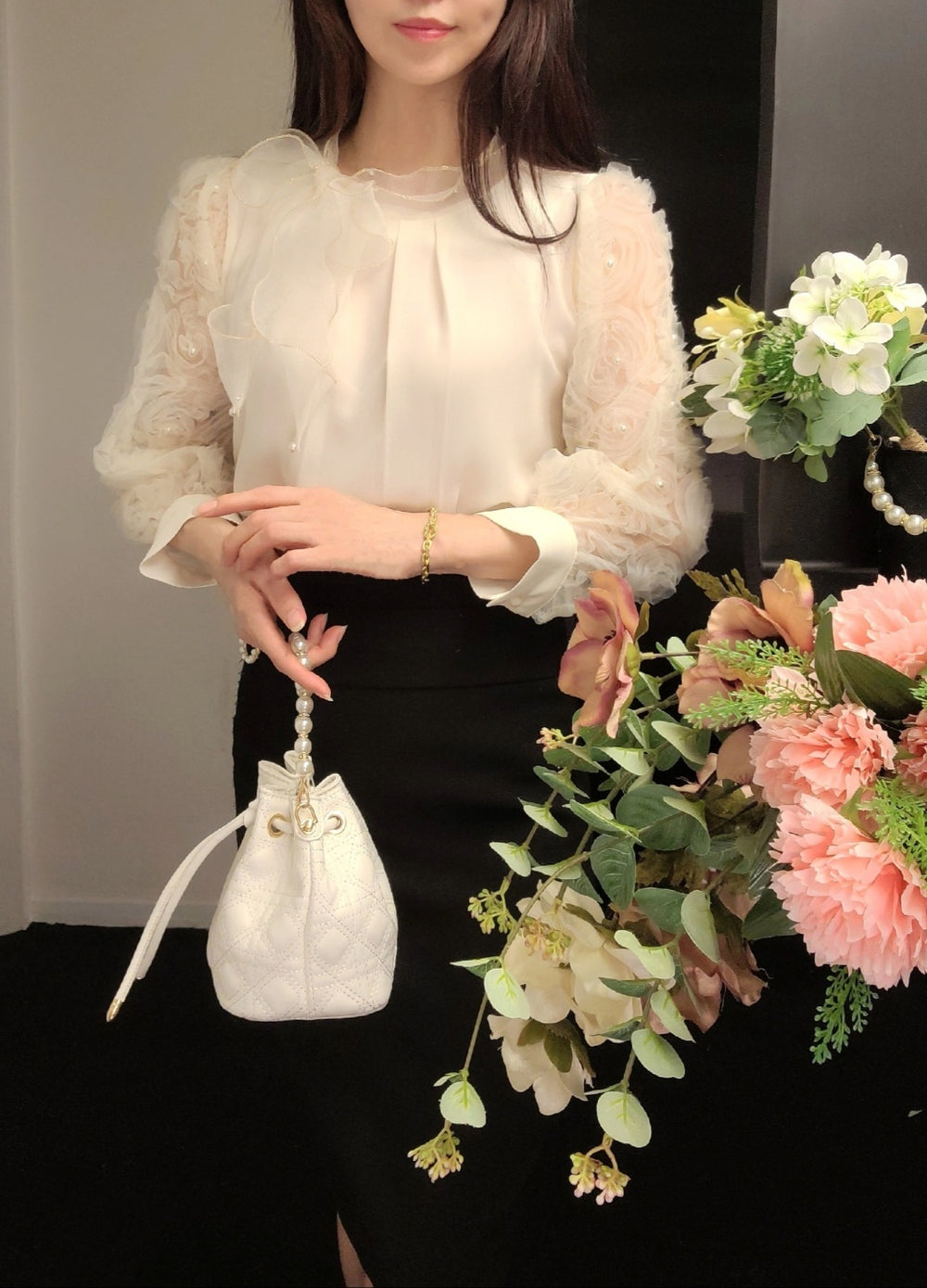 Flower print Mesh long sleeve blouse