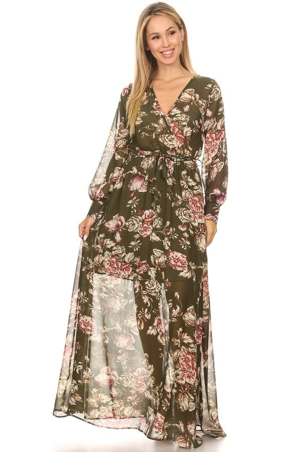 Floral Print Waist Tie V-Neck Maxi Dress S Floral Print Waist Tie V-Neck Maxi Dress S