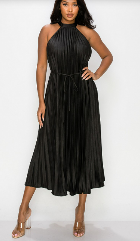 Sold Pleated Waist Belt Mock Neck Midi Dress S / Black Sold Pleated Waist Belt Mock Neck Midi Dress S / Black