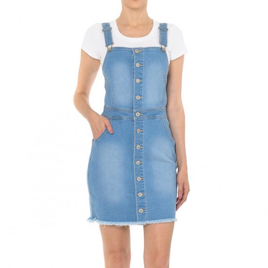 apron button-front denim dress Button Front Overall Denim Midi Suspender Skirt with Pockets, Dark Blue / S